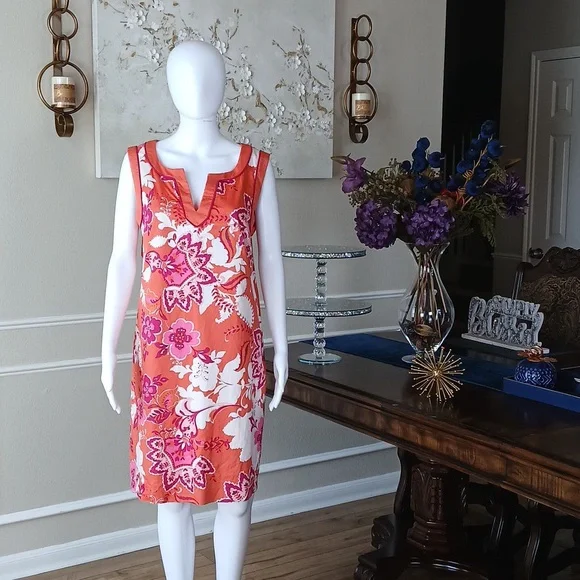 Ann Taylor Cotton Orange and Pink Floral Sleeveless Dress. Size 12